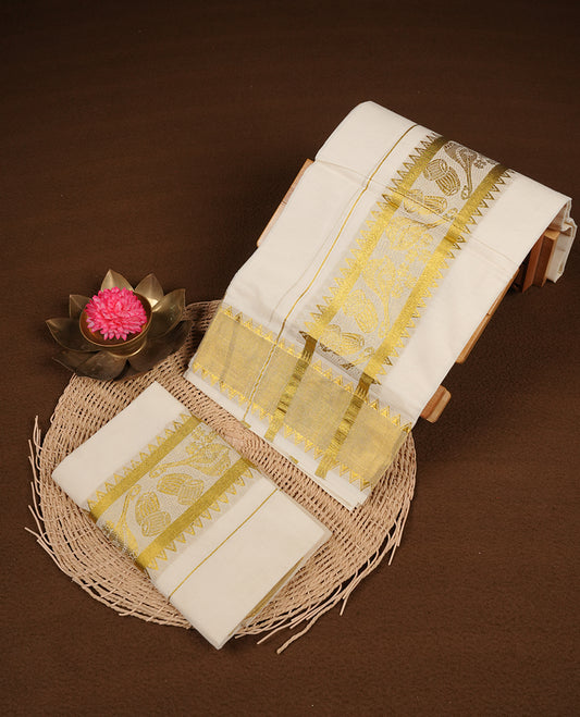 Off white colour cotton set mundu highlights gold veena tabla zari border (2.00/2.80 MTS).
