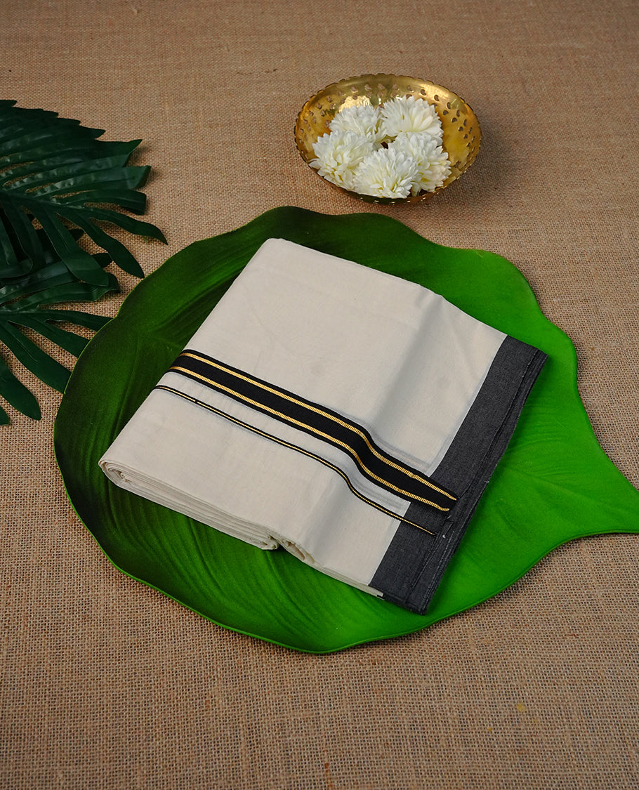 Cream  Colour Cotton Double Dhoti Finished With A Classic Black & Gold Kara