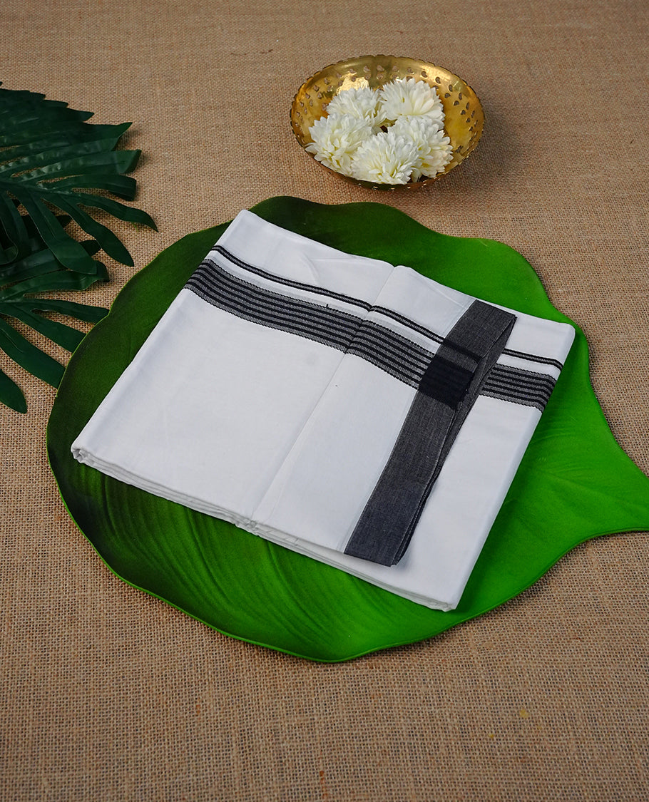 White Colour Cotton Double Dhoti Finished With A Classic Body and Black & Grey  Striped Kara