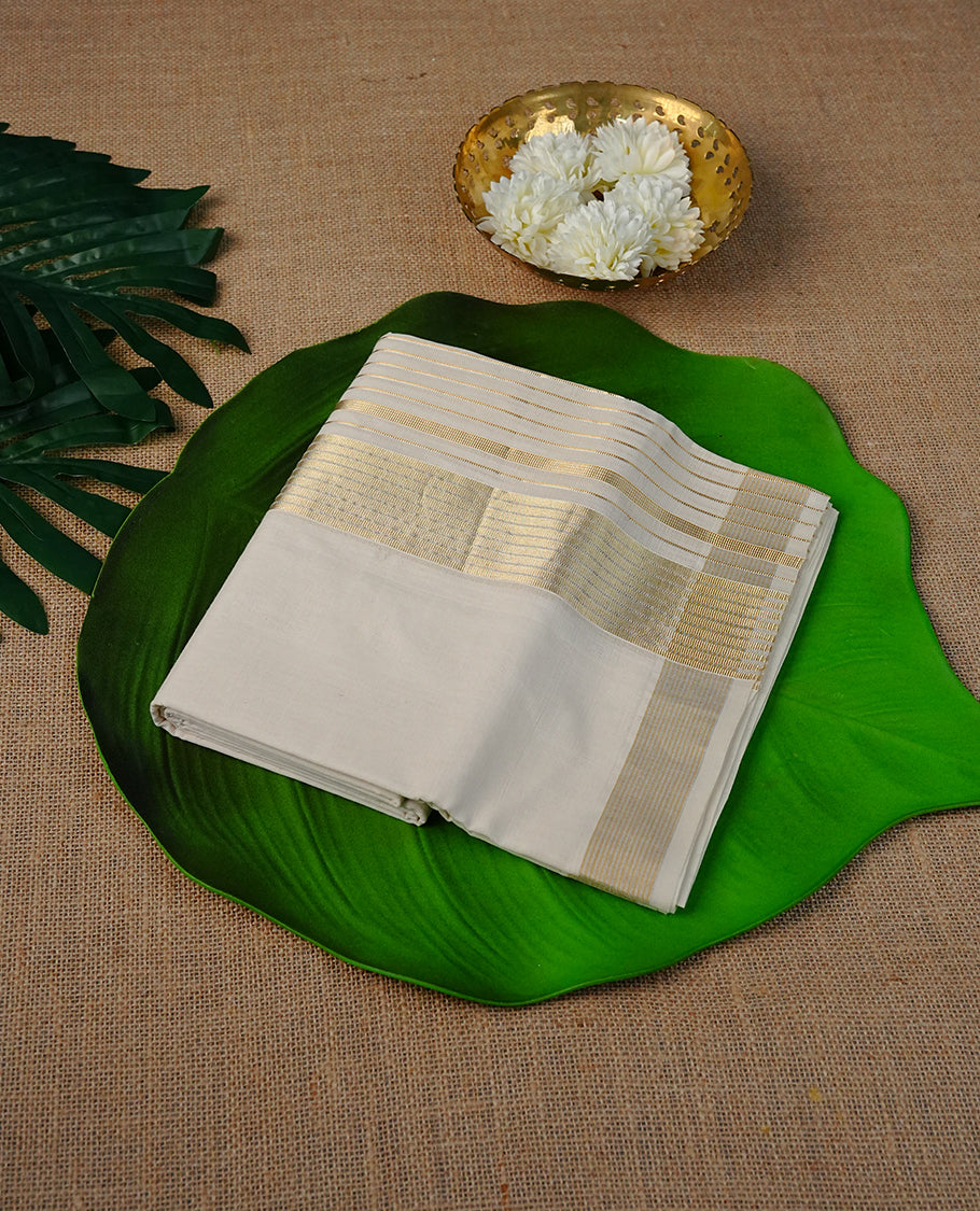 Cream colour Cotton Double dhoti featuring plain with Light Gold Striped  kara.