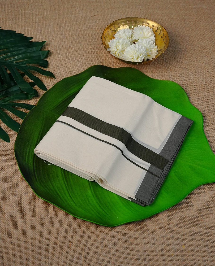 Cream Colour Cotton Double Dhoti Finished With A Classic Body , A Forest Green Kara