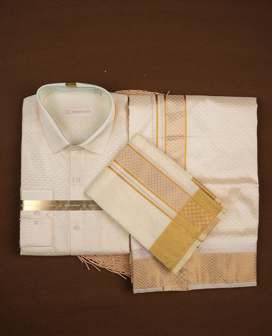 Cream gold colour MINISTER WHITE shirt paired with a matching dhoti, finishing with a gold border