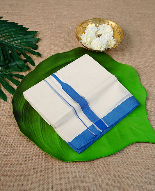 Cream Colour Cotton Double Dhoti Finished With A Classic Body , A White, Blue & Light Gold Kara