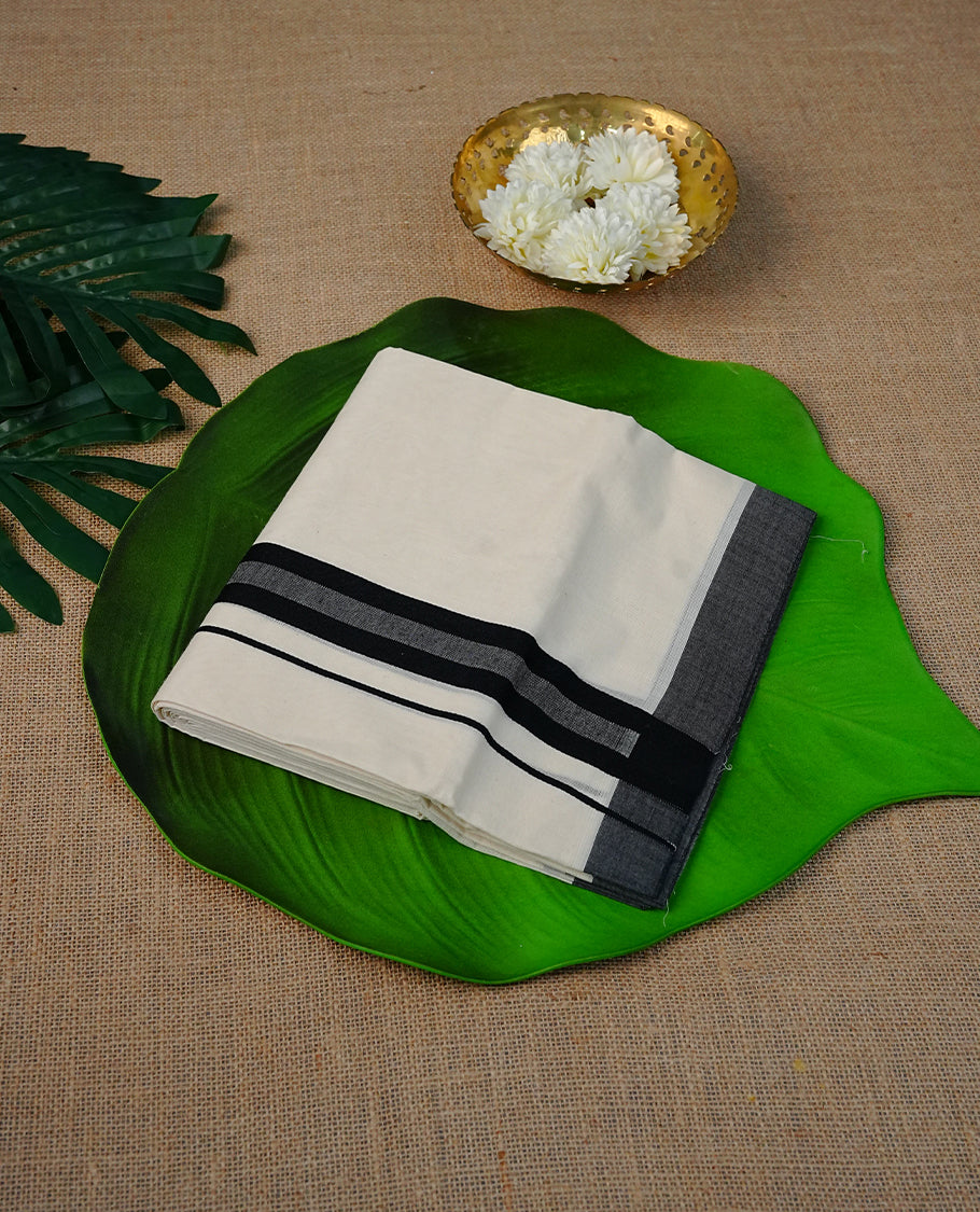 Cream  Colour Cotton Double Dhoti Finished With A Classic Body ,Black & Grey Kara