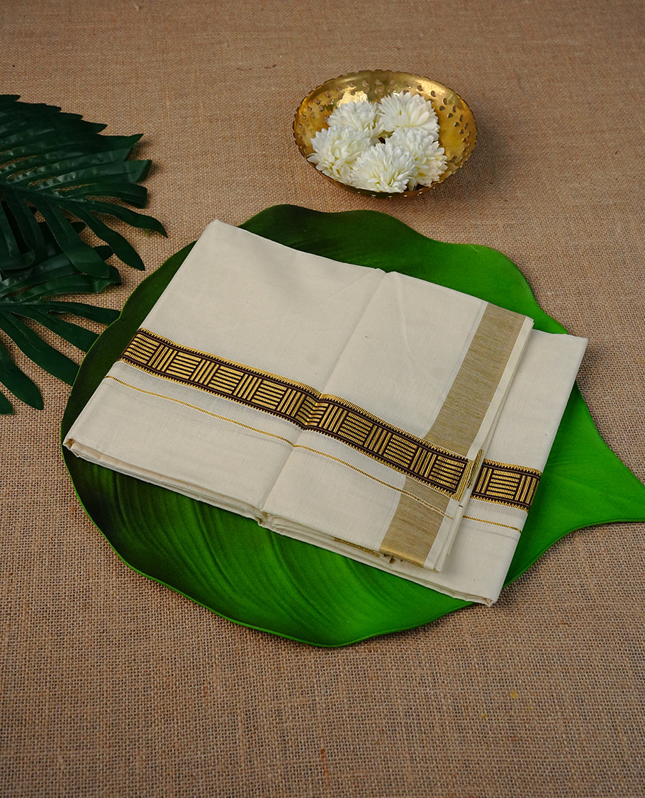 Cream colour Cotton Double dhoti featuring plain Body with Gold With Printed kara.