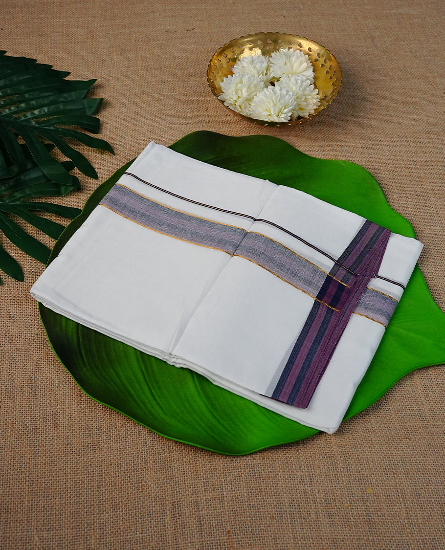 White Colour Cotton Double Dhoti Finished With A Classic Purple ,Navy Blue & Gold Zari Kara