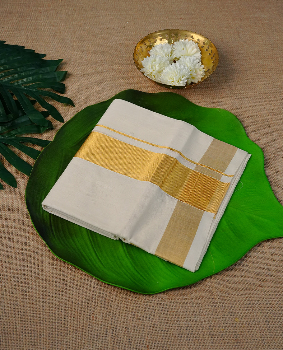 Cream colour Cotton Double dhoti featuring plain with Gold  kara.