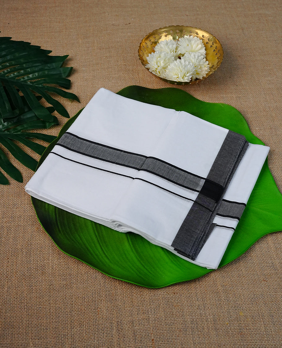 White Colour Cotton Double Dhoti Finished With A Classic Body ,Black & Grey  Kara