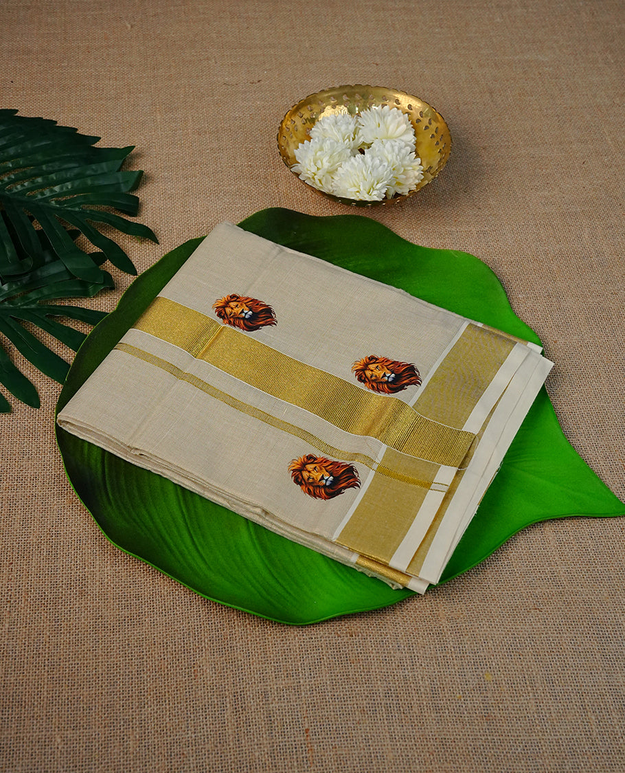 Cream Colour Tissue Double Dhoti Finished With A Classic Golden Kasav & Lion print.