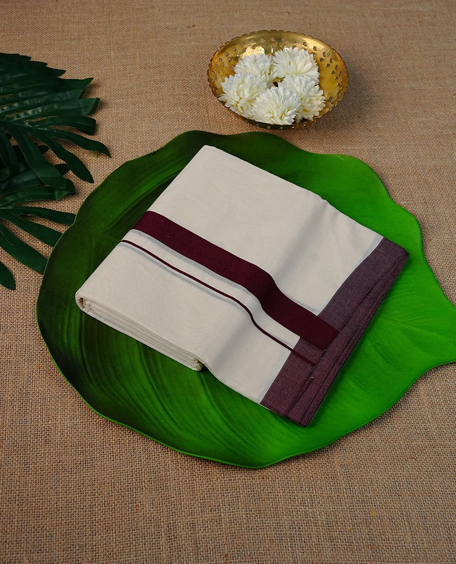 Cream  Colour Cotton Double Dhoti Finished With A Classic Maroon Kara