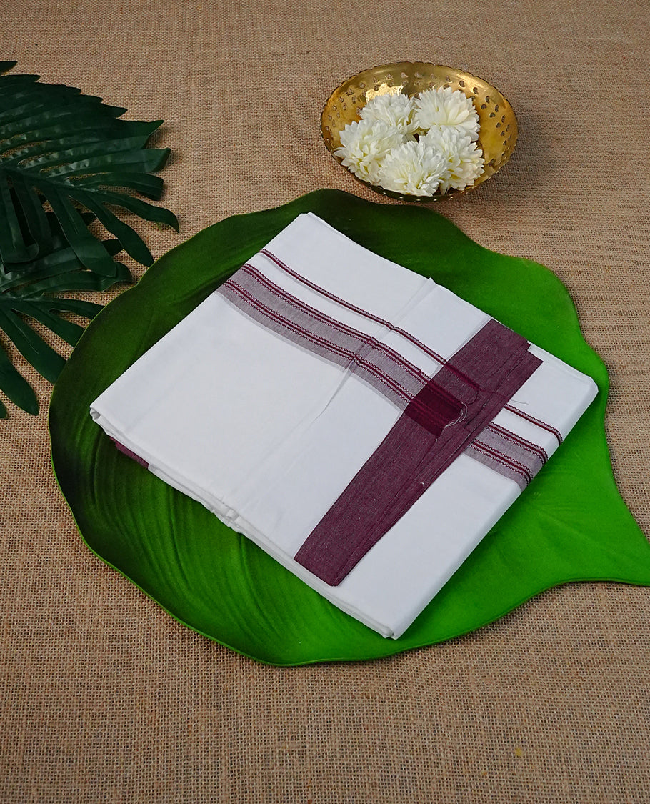 White  Colour Cotton Double Dhoti Finished With A Classic Body and Maroon & Light Maroon Gold  Kara