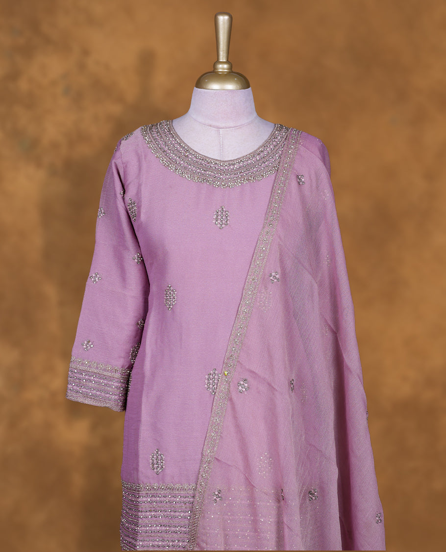 Dusty Pink colour sharara set featuring gold colour thread and beats embroidered neckline, sleeves, and thread embroidery on body , Paired with a matching dupatta