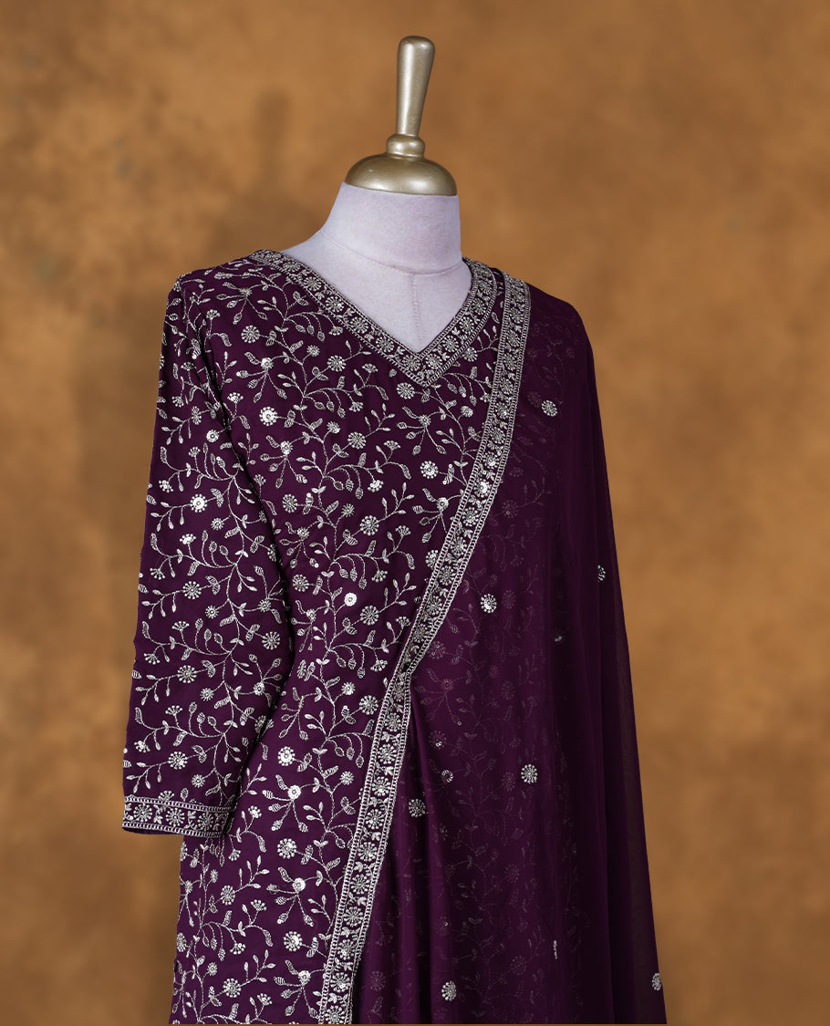 Dark Purple colour sharara set featuring thread and embroidered and beats pattern neckline, sleeves, and thread embroidery on body, Paired with a matching dupatta