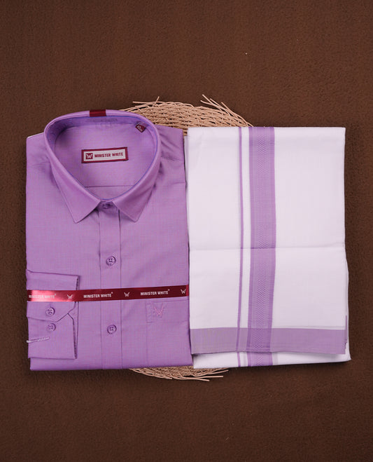 Violet Colour MINISTER WHITE shirt paired with a matching dhoti, finished with a Violet colour border.