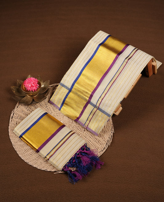 Light gold colour tissue set mundu featuring gold zari stripes on body highlights gold, blue and purple zari border (2.00/2.80 MTS).