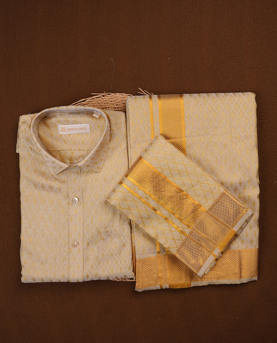Fawn Gold colour MINISTER WHITE shirt paired with a matching dhoti, finishing with a Gold border