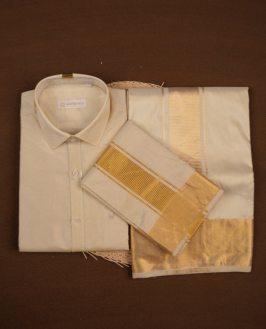 Medium gold colour MINISTER WHITE shirt paired with a matching dhoti, finishing with a gold border