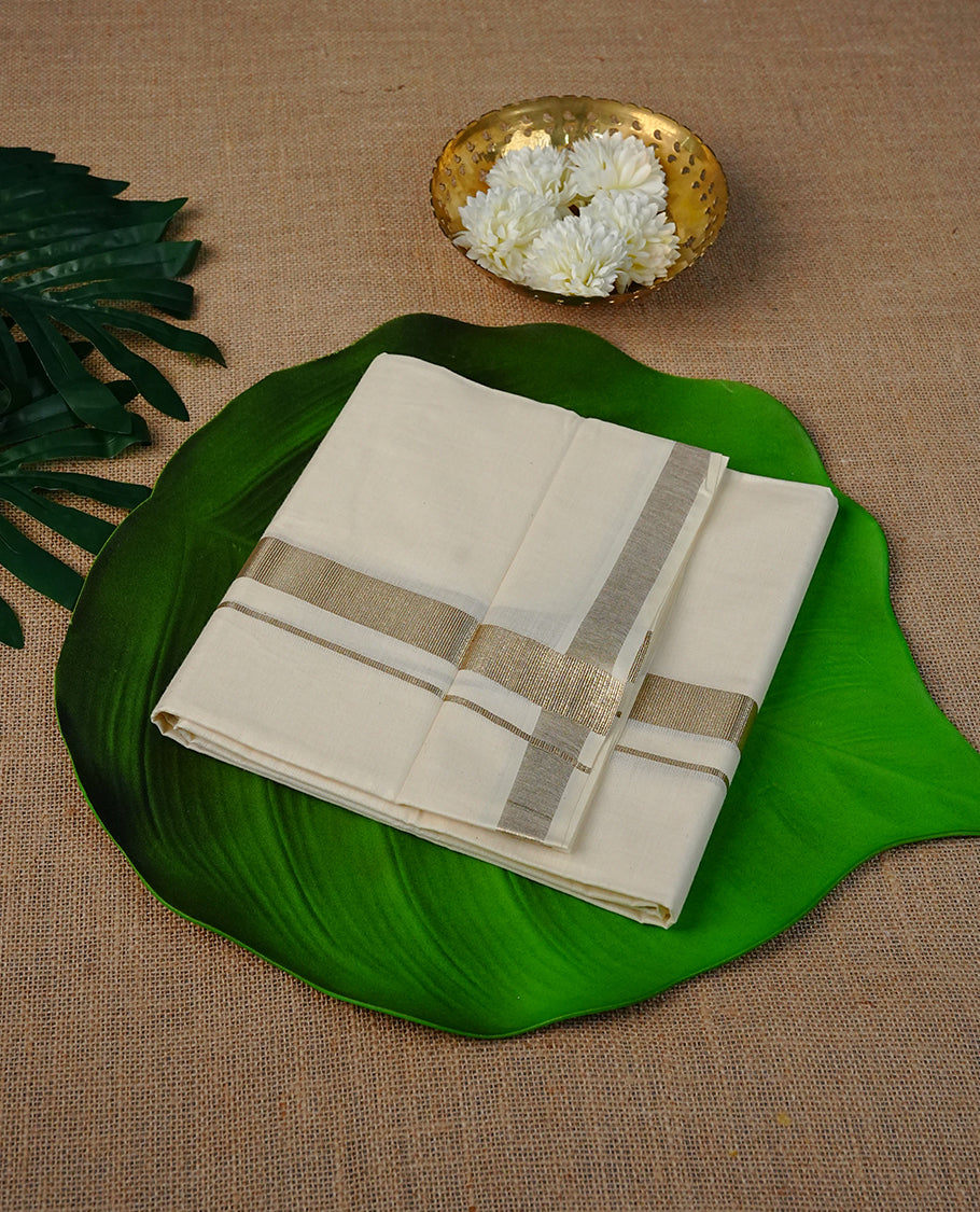 Cream Colour Cotton Double Dhoti Finished with  Gold Kara