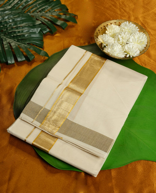 Cream Colour Pure Cotton double Dhoti with Gold Colour Border for Men