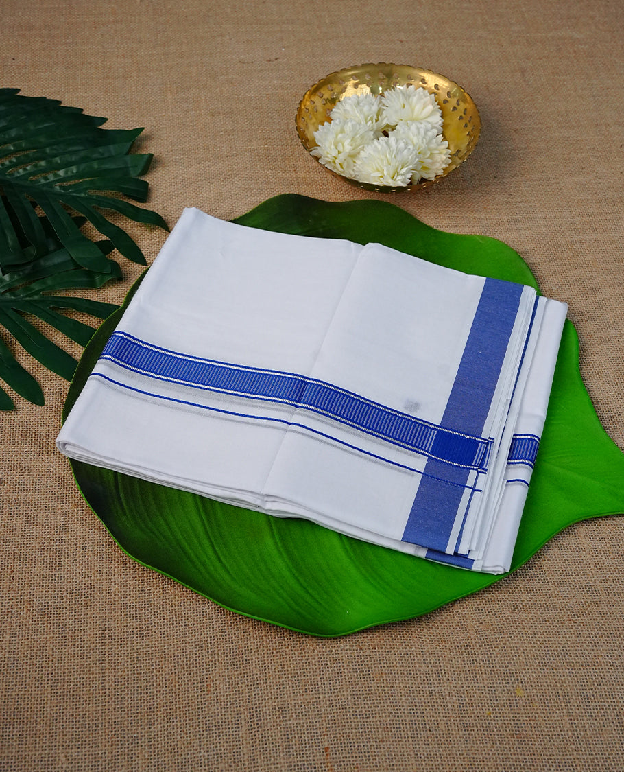 White Colour Cotton Double Dhoti Finished With A Classic Body ,Gold & Silver Zari  Kara