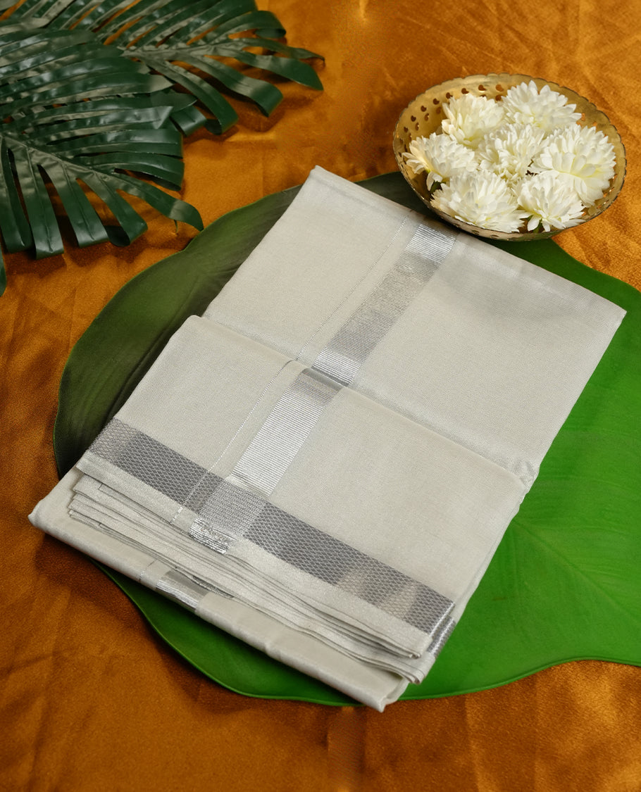 Light silver Colour Pure Cotton double Dhoti with Silver Colour Border for Men