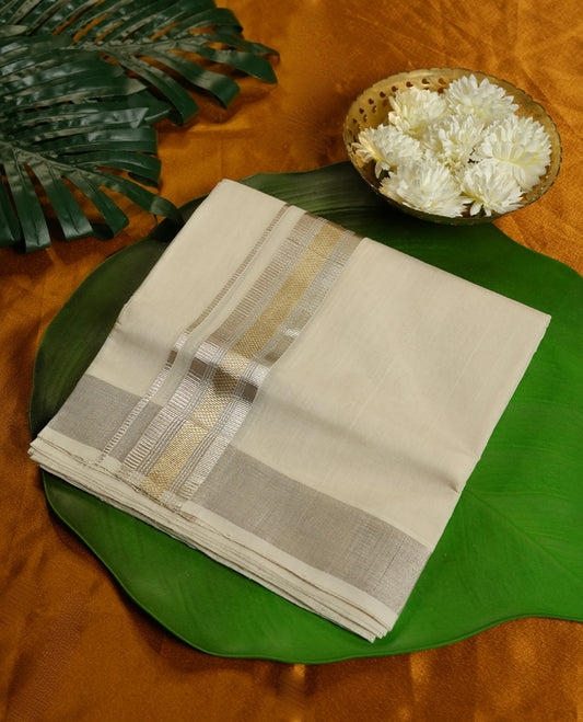 Cream Colour Pure Cotton double Dhoti with Silver and gold Colour Border for Men