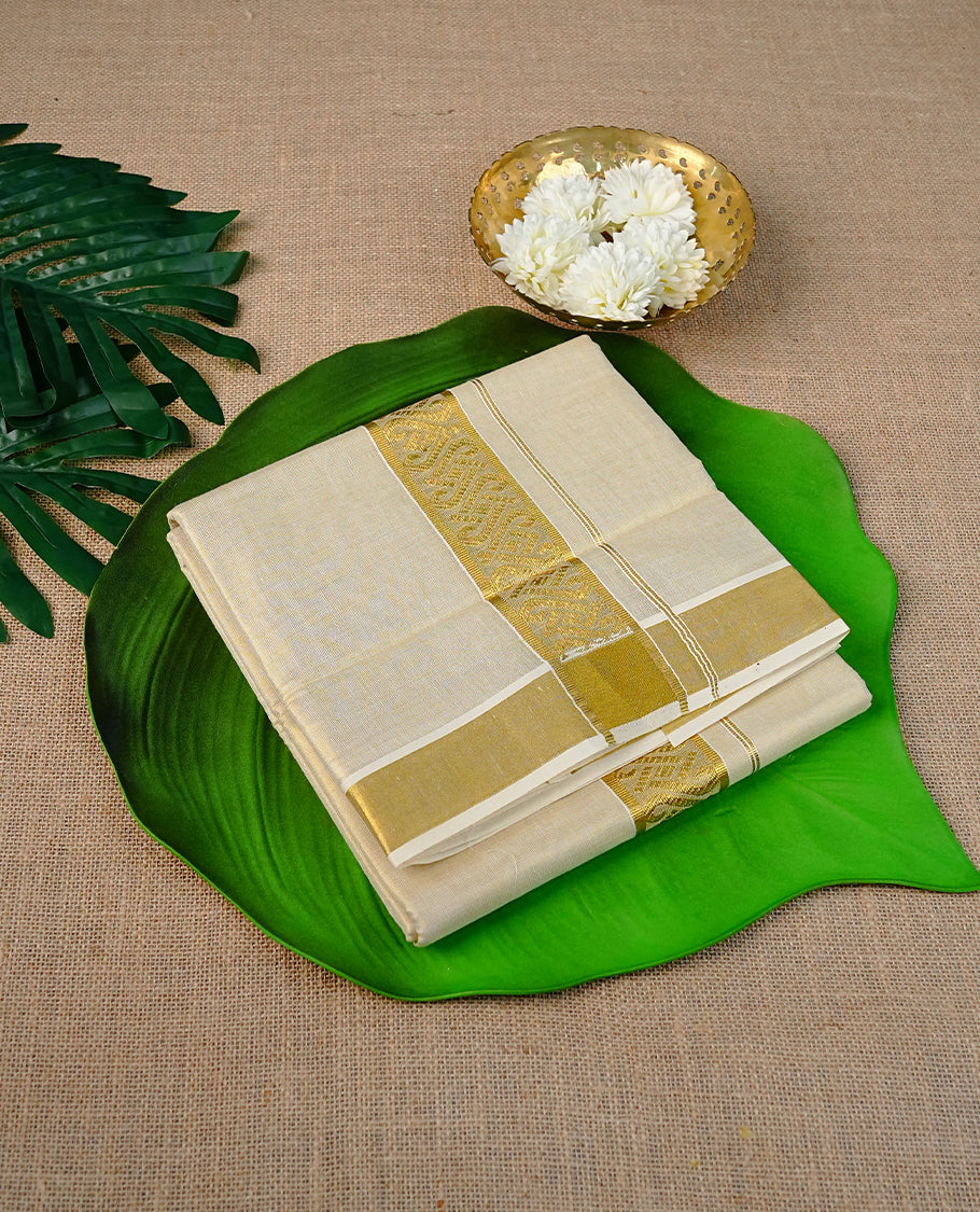 Cream Colour Tissue Double Dhoti Finished With A Classic Golden Zari design Kara.