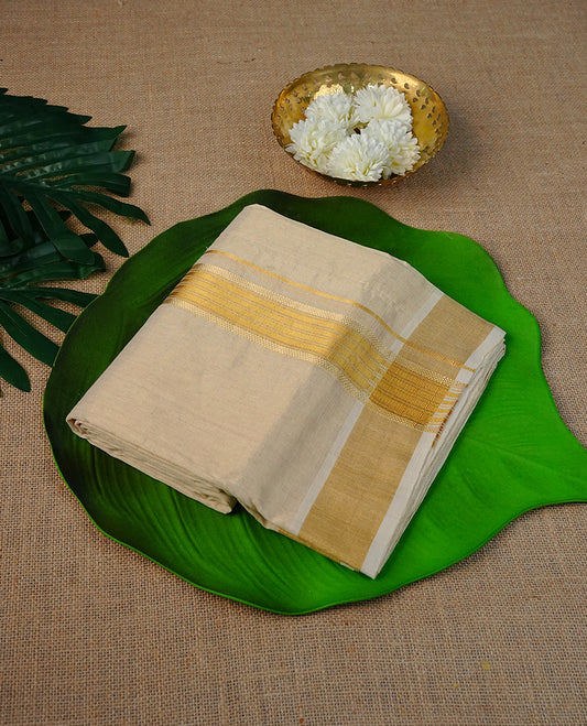 Cream colour tissue Double dhoti featuring plain with Gold zari kara.