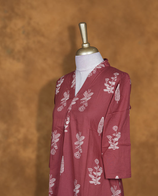 Brown colour kurta set featuring an elegant V-neckline, all-over white floral motifs, three-quarter sleeves, and a straight-fit kurta paired with a matching bottom for effortless everyday style.