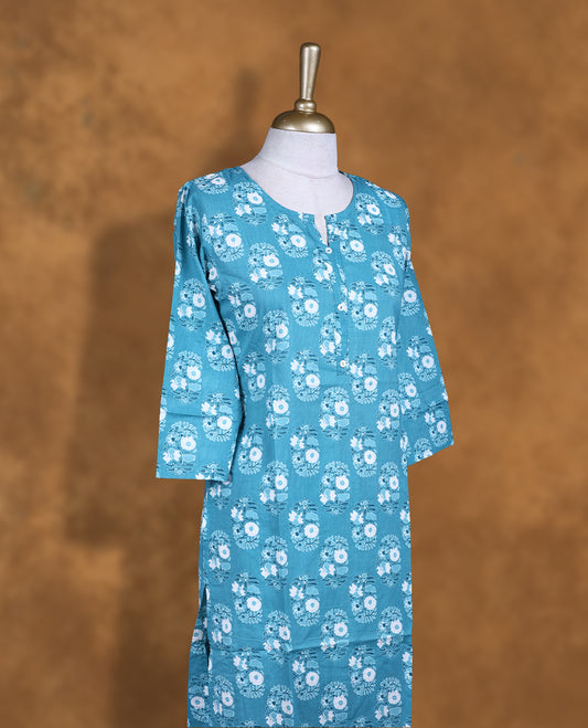 Light teal colour Kurti featuring floral print pattern across, round neckline with split, and sleeves,