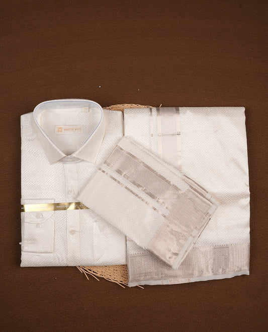 White silver colour MINISTER WHITE shirt paired with a matching dhoti, finishing with a silver border