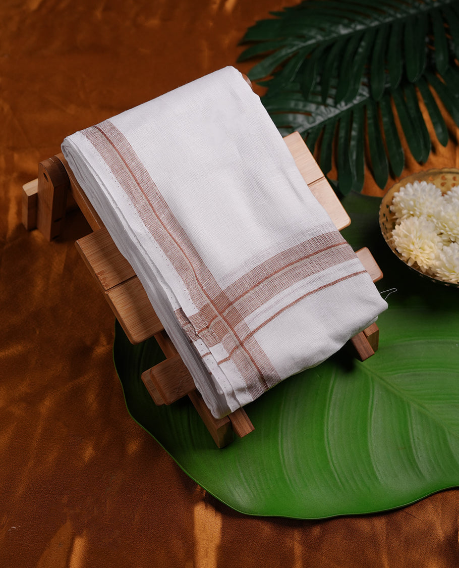 White colour pure linen double Dhoti with brown colour border for men