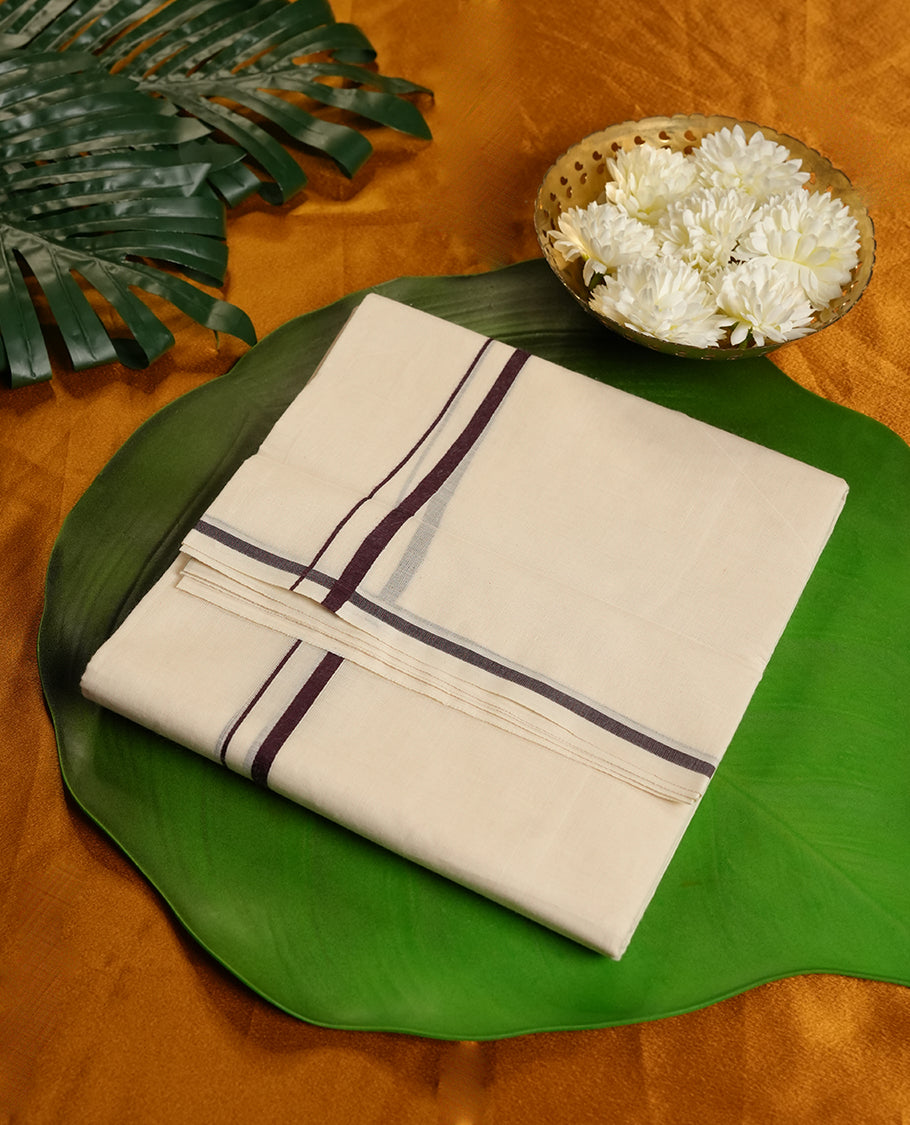 Cream Colour Pure Cotton double Dhoti with Dark brown Colour simple Border for Men