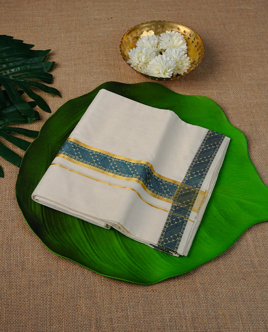 Cream Colour Cotton Double Dhoti Finished With A Classic Body , A  Teal & Gold Kasav Kara