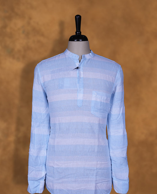 Blue color shade with Stripped print kurti with band collar and button-down front, designed in a straight longline fit with full sleeves