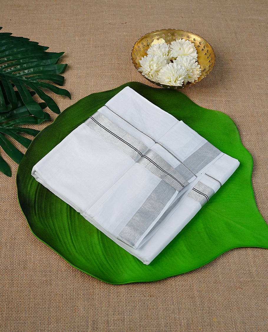 White Colour Cotton Double Dhoti Finished With A Classic Silver & Black Kara