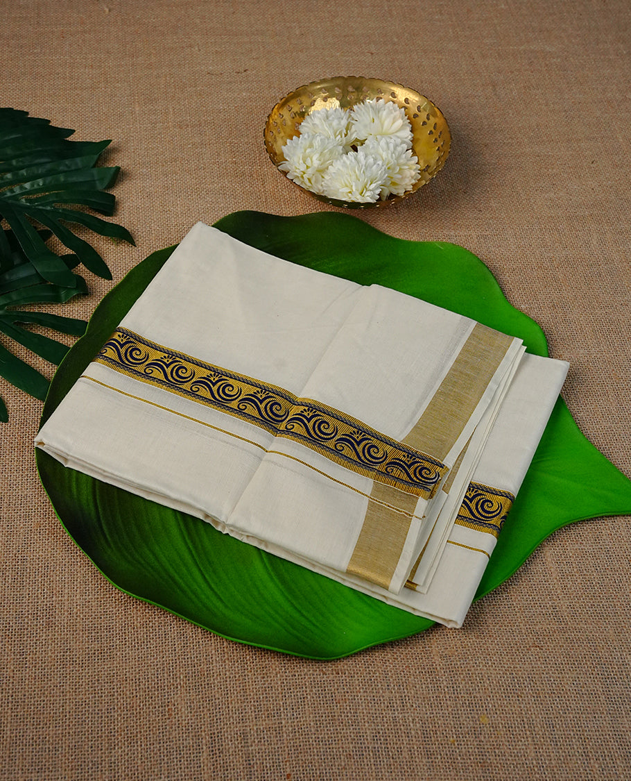 Cream Colour Cotton Double Dhoti Finished With Navy Blue Prints On Gold kara.