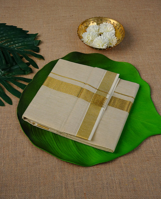 Cream Colour Tissue Double Dhoti Finished With A Classic Golden Zari Kara with Maroon colour digital print