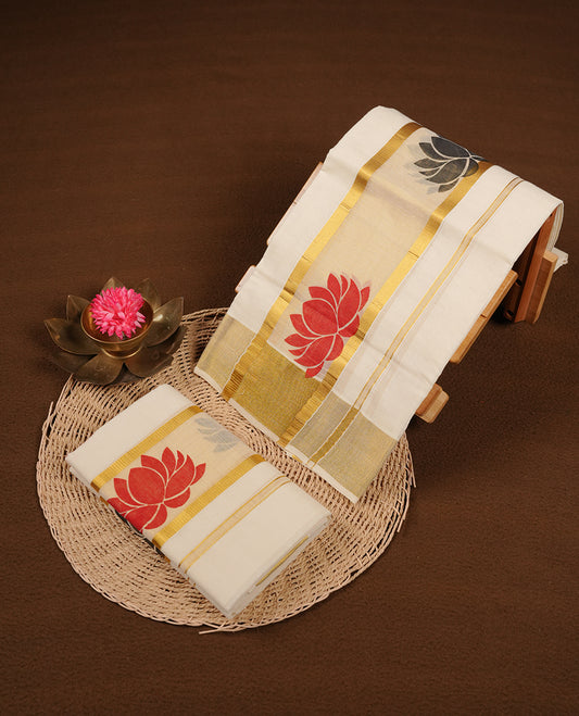 Off white colour cotton set mundu highlights gold zari border featuring black and red lotus print across border (2.00/2.80 MTS).