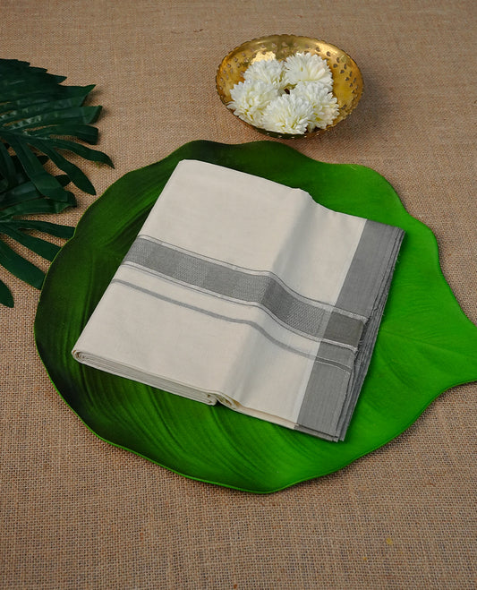 Cream Colour Cotton Double Dhoti Finished With Grey  & Silver kara.