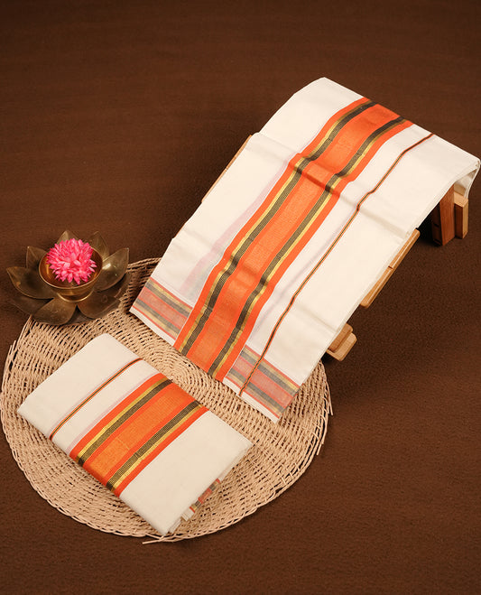 Off white colour cotton set mundu highlights gold, black and orange zari border (2.00/2.80 MTS).