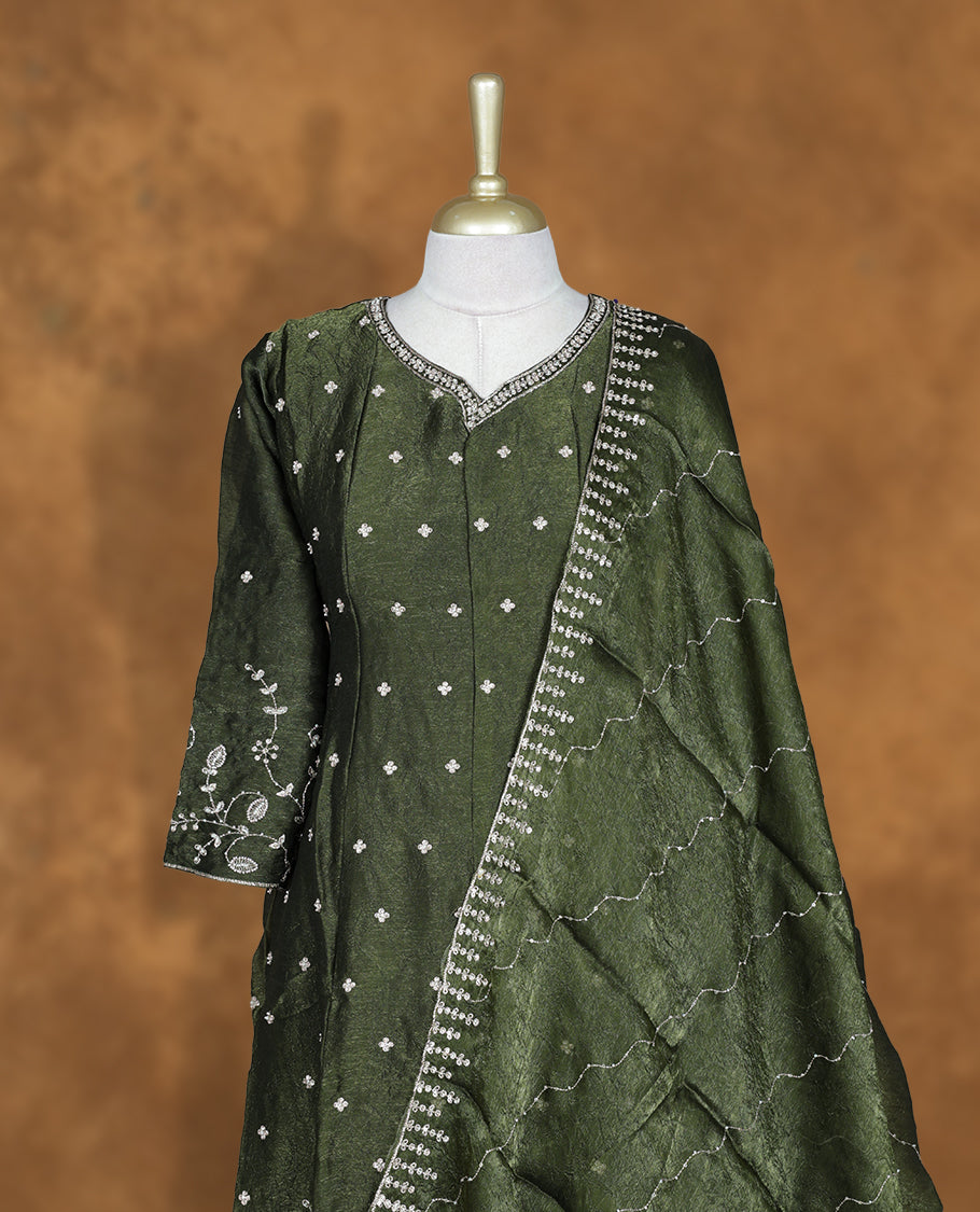 Dark green colour Churidhar set featuring gold stone pattern neckline, sleeves, and stone pattern across on body , Paired with a matching dupatta