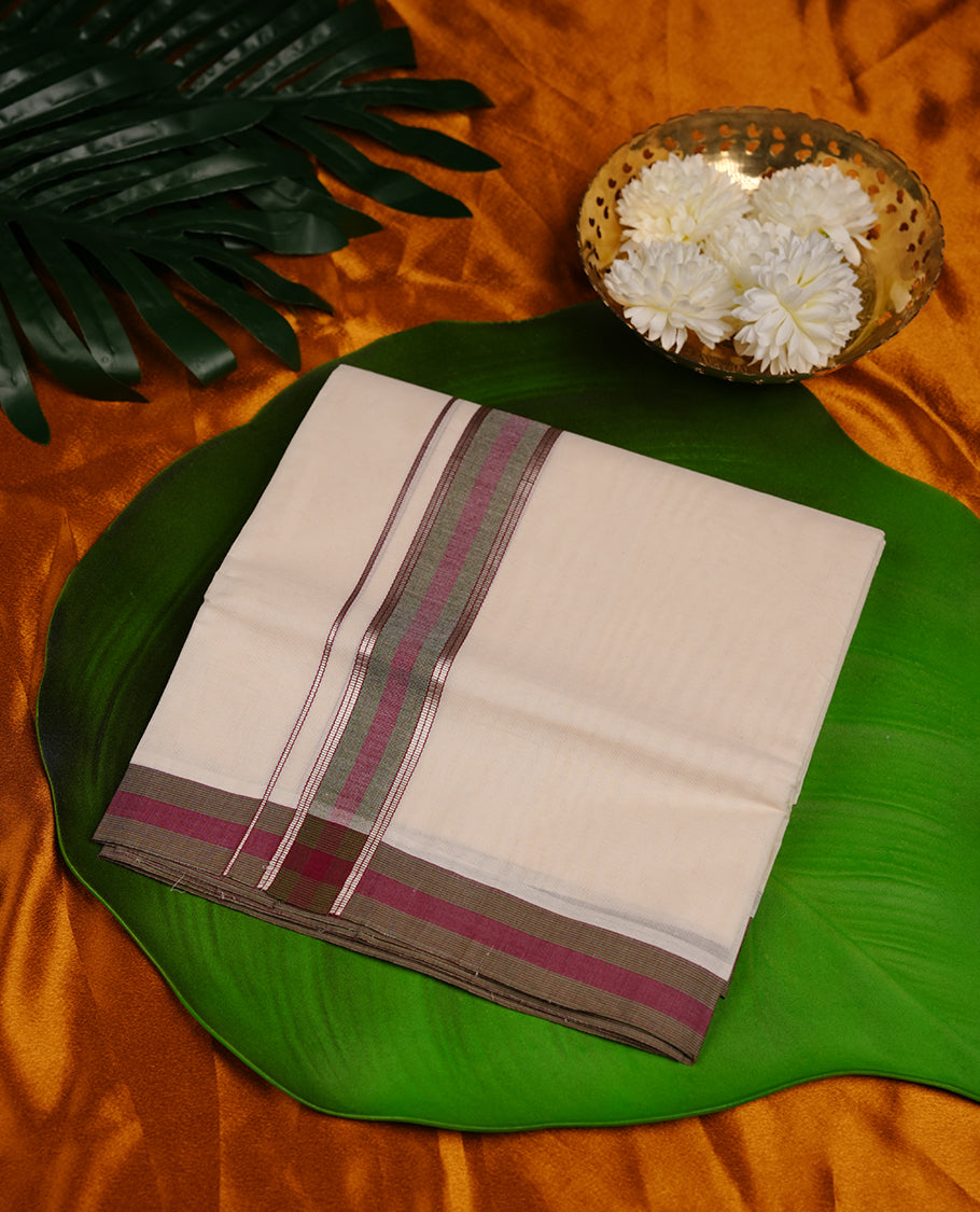 Cream colour cotton double dhoti featuring olive and maroon colour border with gold zari border