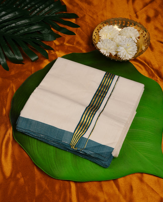 Cream colour cotton double dhoti featuring dark green and gold colour border