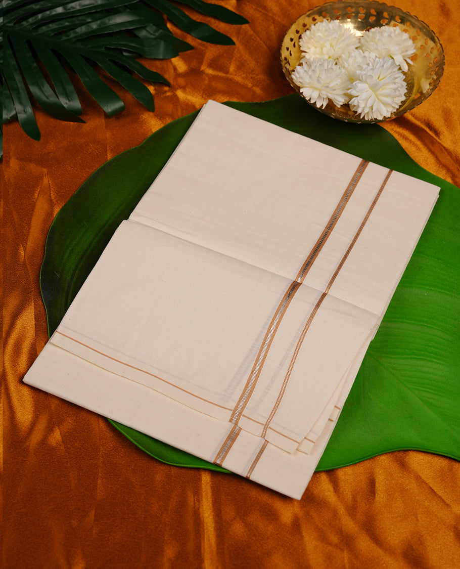 Cream colour cotton single dhoti featuring light brown and silver colour thin kasavu zari border