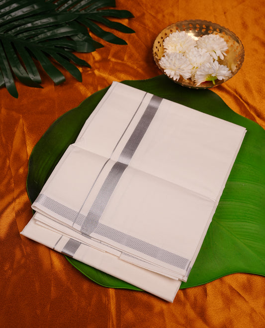 Cream colour Ramsons cotton single dhoti featuring silver kasavu zari border