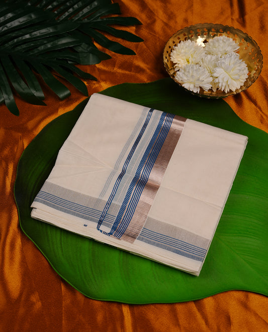 Cream colour cotton double dhoti featuring blue and silver zari border