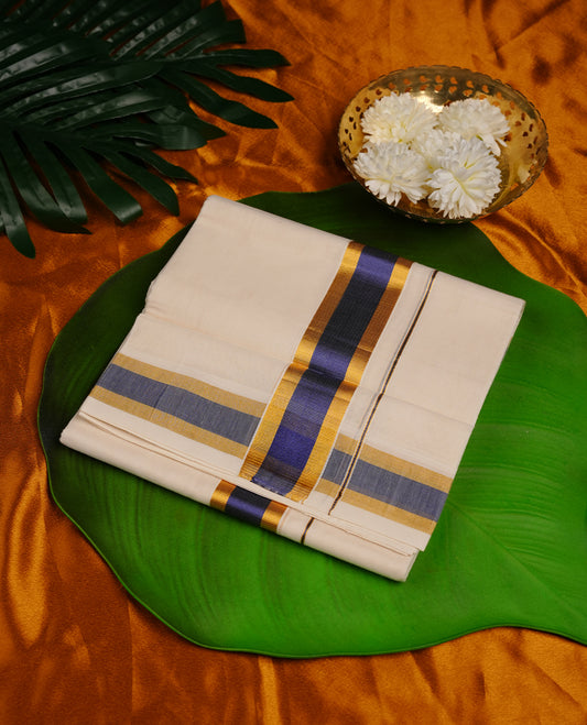 Cream colour cotton double dhoti featuring dark blue and gold colour border