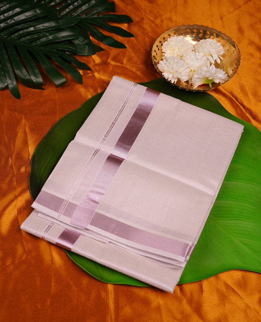 light rose colour MINISTER WHITE tissue double dhoti featuring light rose silver kasavu zari border