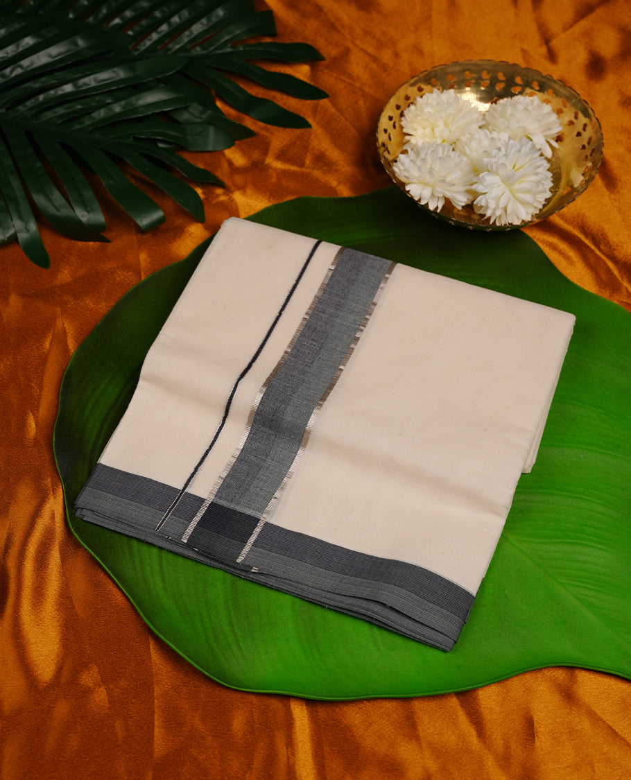 Cream colour cotton double dhoti featuring grey and black colour border with silver zari border